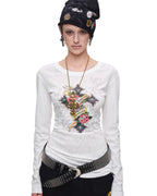 Tattoo-Print Lace-Up Back Top