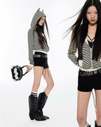Striped "Horn" Hooded Zip-Up Cardigan