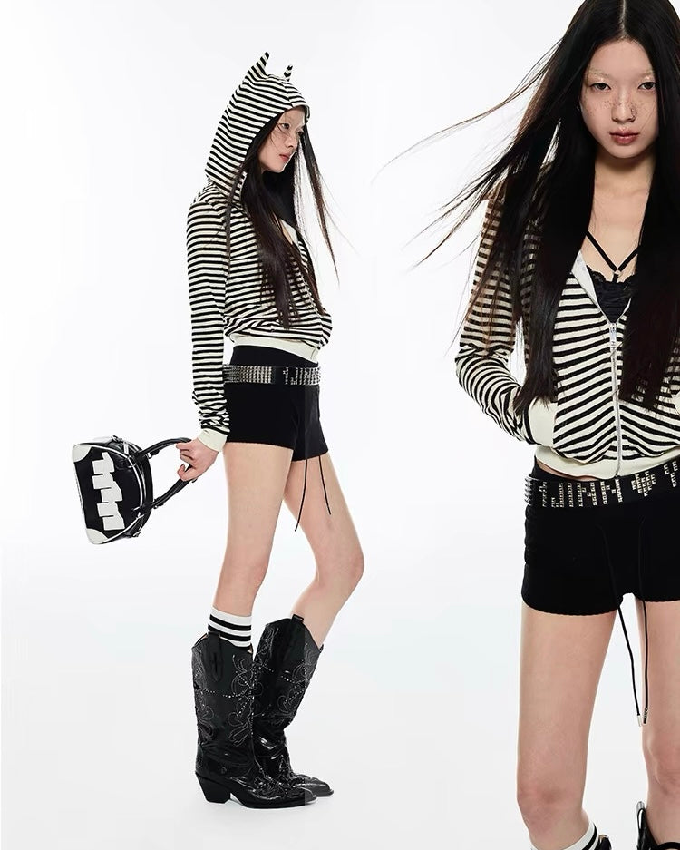 Striped "Horn" Hooded Zip-Up Cardigan