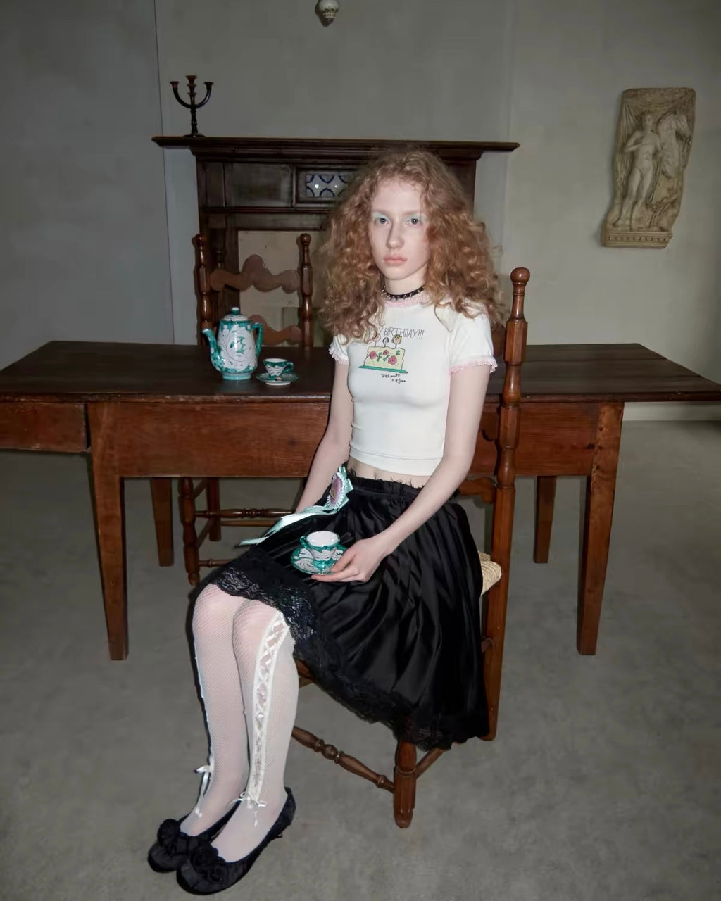 Porcelain Lace Pleated Midi Skirt