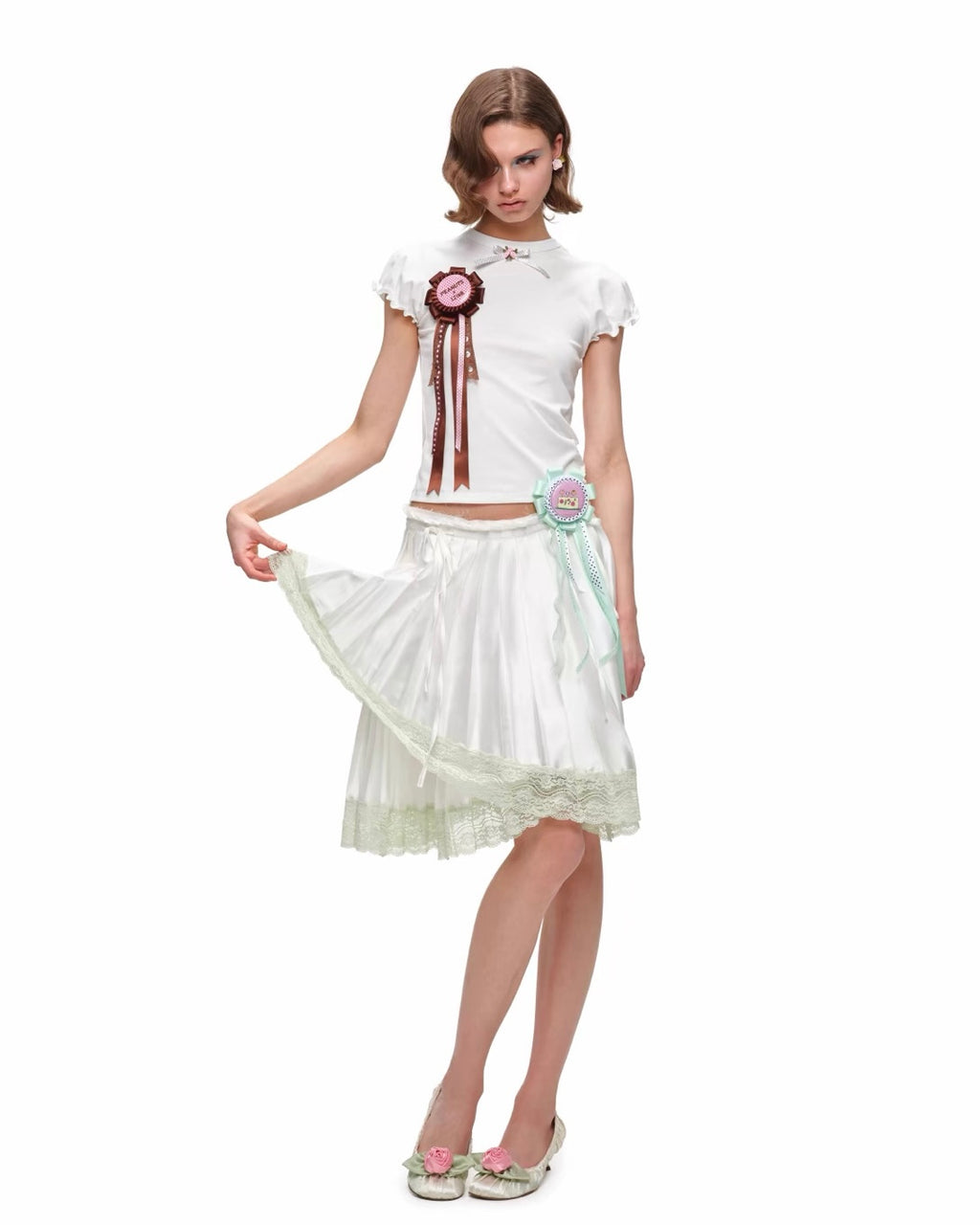Porcelain Lace Pleated Midi Skirt