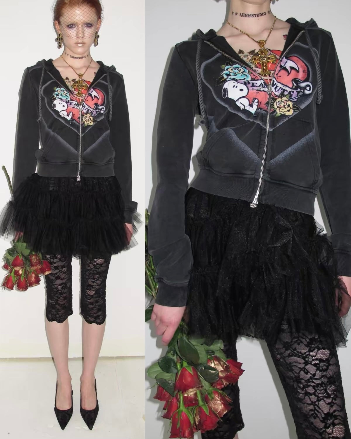 Snoopy Heart-Print Zip Hoodie & Flare Sweatpants Set