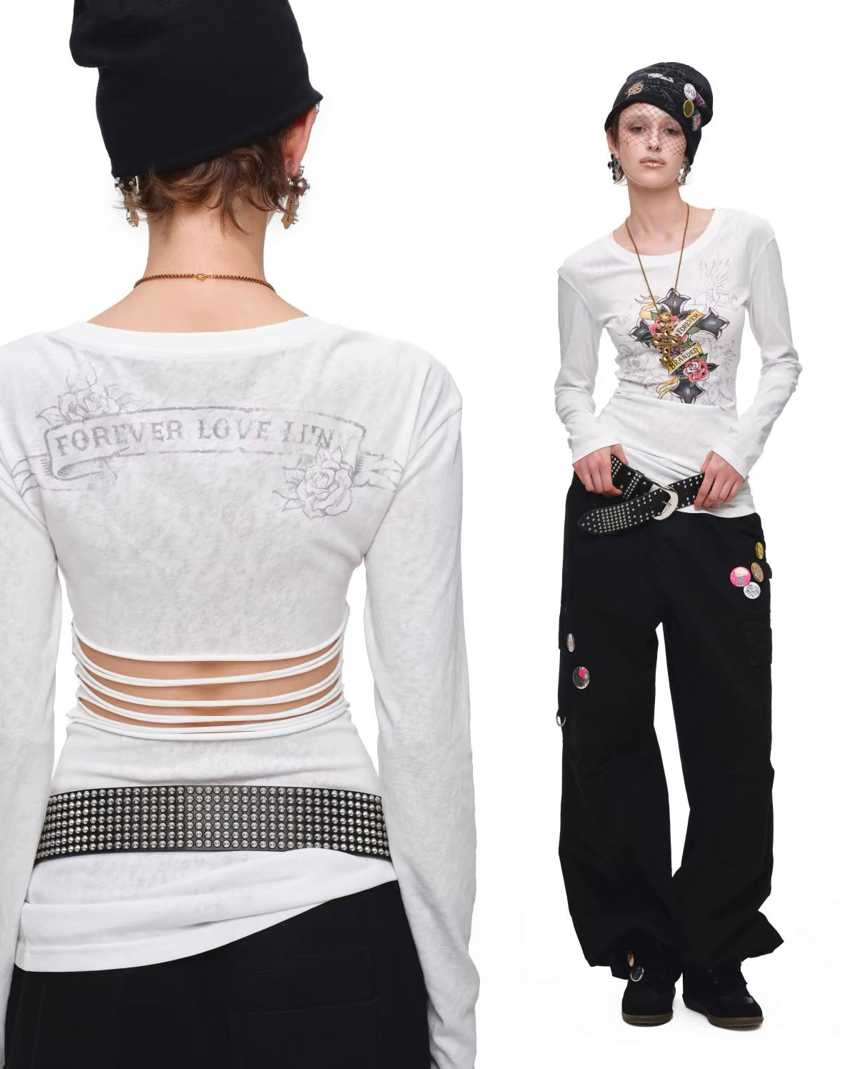 Tattoo-Print Lace-Up Back Top