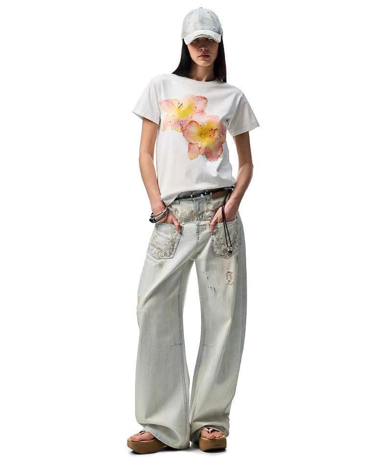 1JINN Print Wide-Leg Jeans