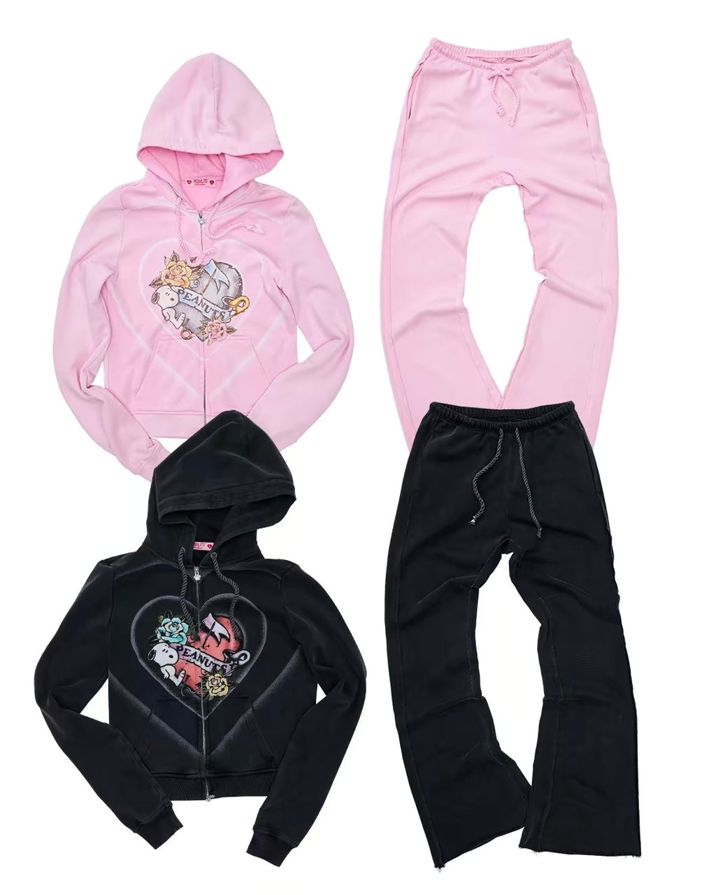 Snoopy Heart-Print Zip Hoodie & Flare Sweatpants Set