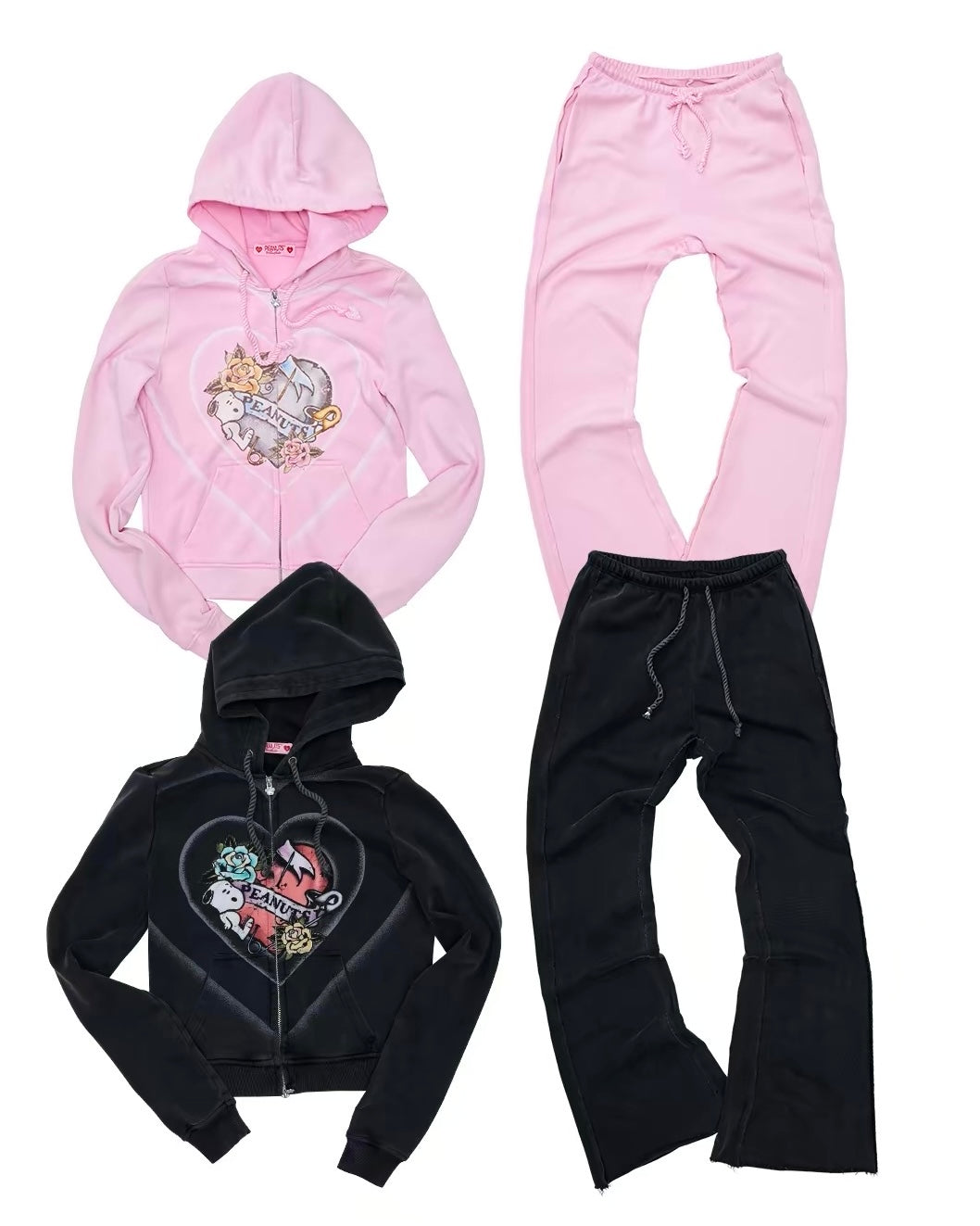 Snoopy Heart-Print Zip Hoodie & Flare Sweatpants Set