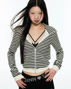 Striped "Horn" Hooded Zip-Up Cardigan