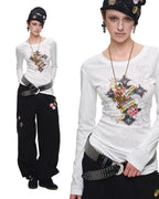 Tattoo-Print Lace-Up Back Top