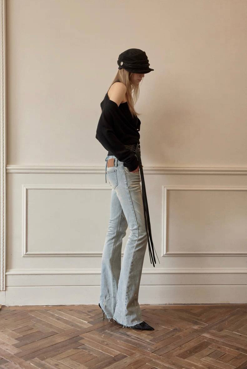 High-Waist Buttoned Washed Jeans