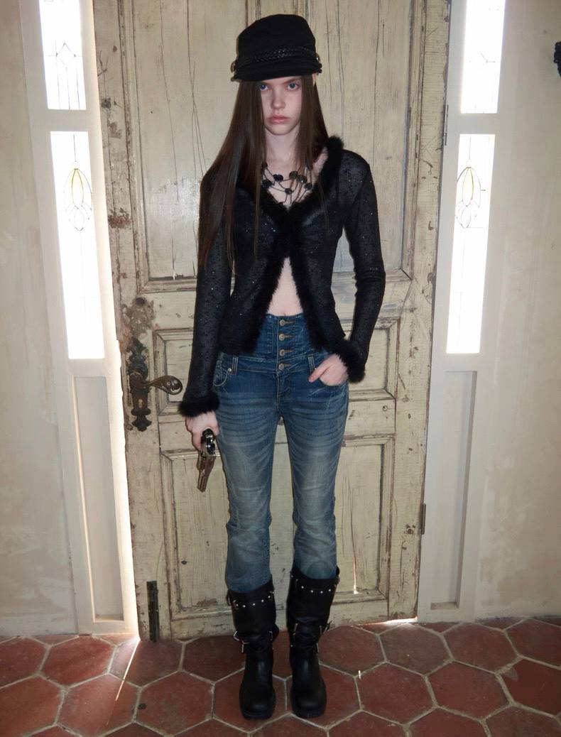 High-Waist Buttoned Washed Jeans