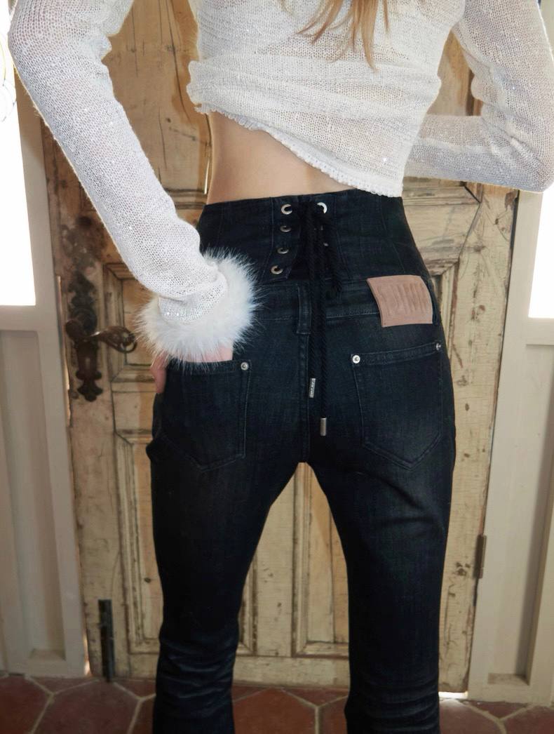 High-Waist Buttoned Washed Jeans