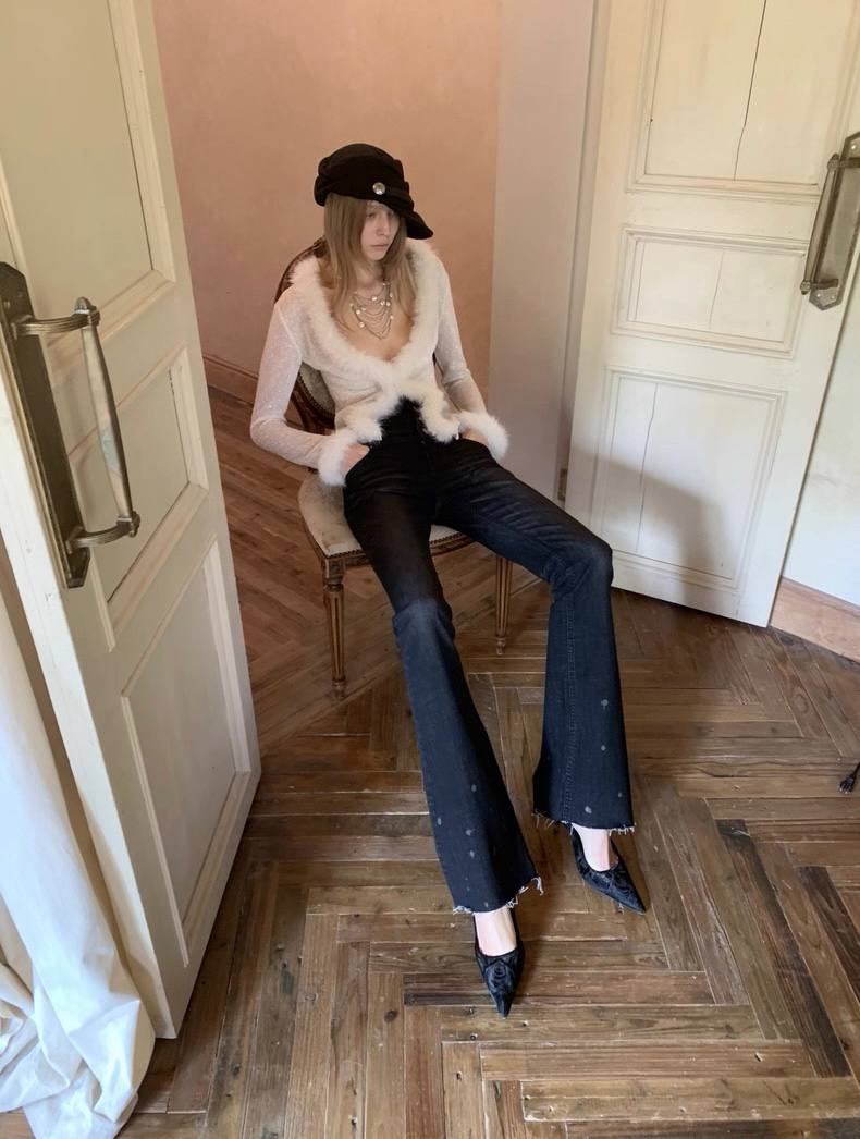 High-Waist Buttoned Washed Jeans