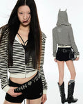 Striped "Horn" Hooded Zip-Up Cardigan