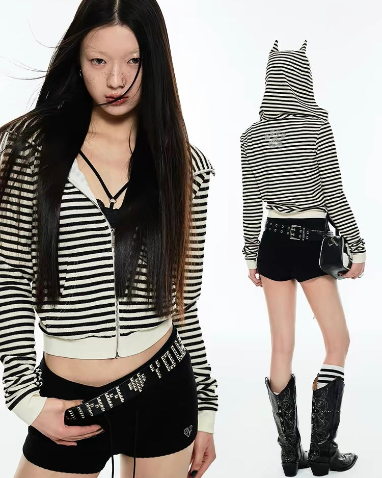 Striped "Horn" Hooded Zip-Up Cardigan