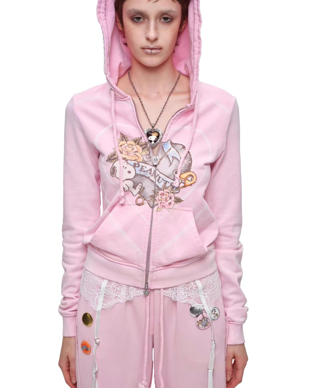 Snoopy Heart-Print Zip Hoodie & Flare Sweatpants Set