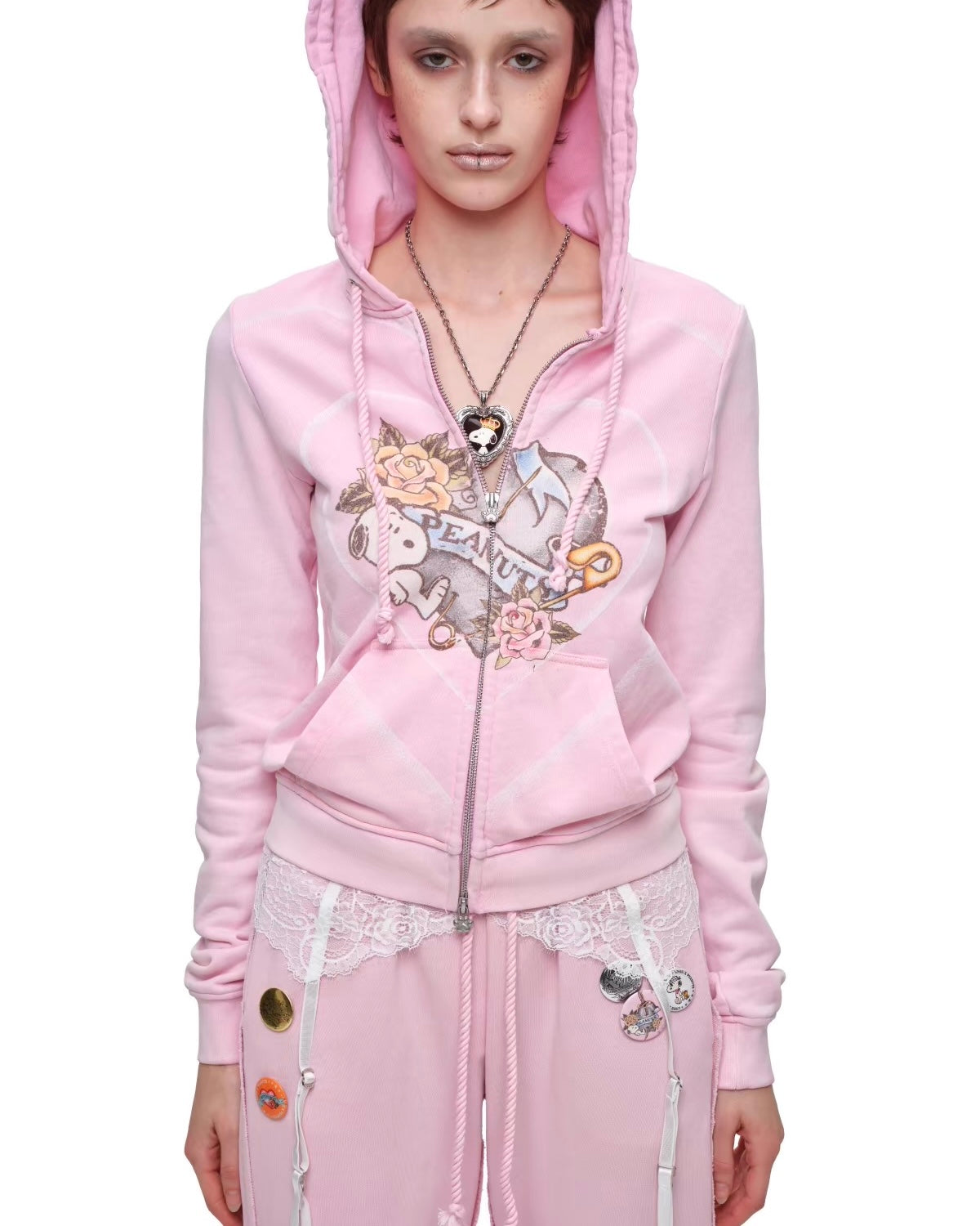 Snoopy Heart-Print Zip Hoodie & Flare Sweatpants Set