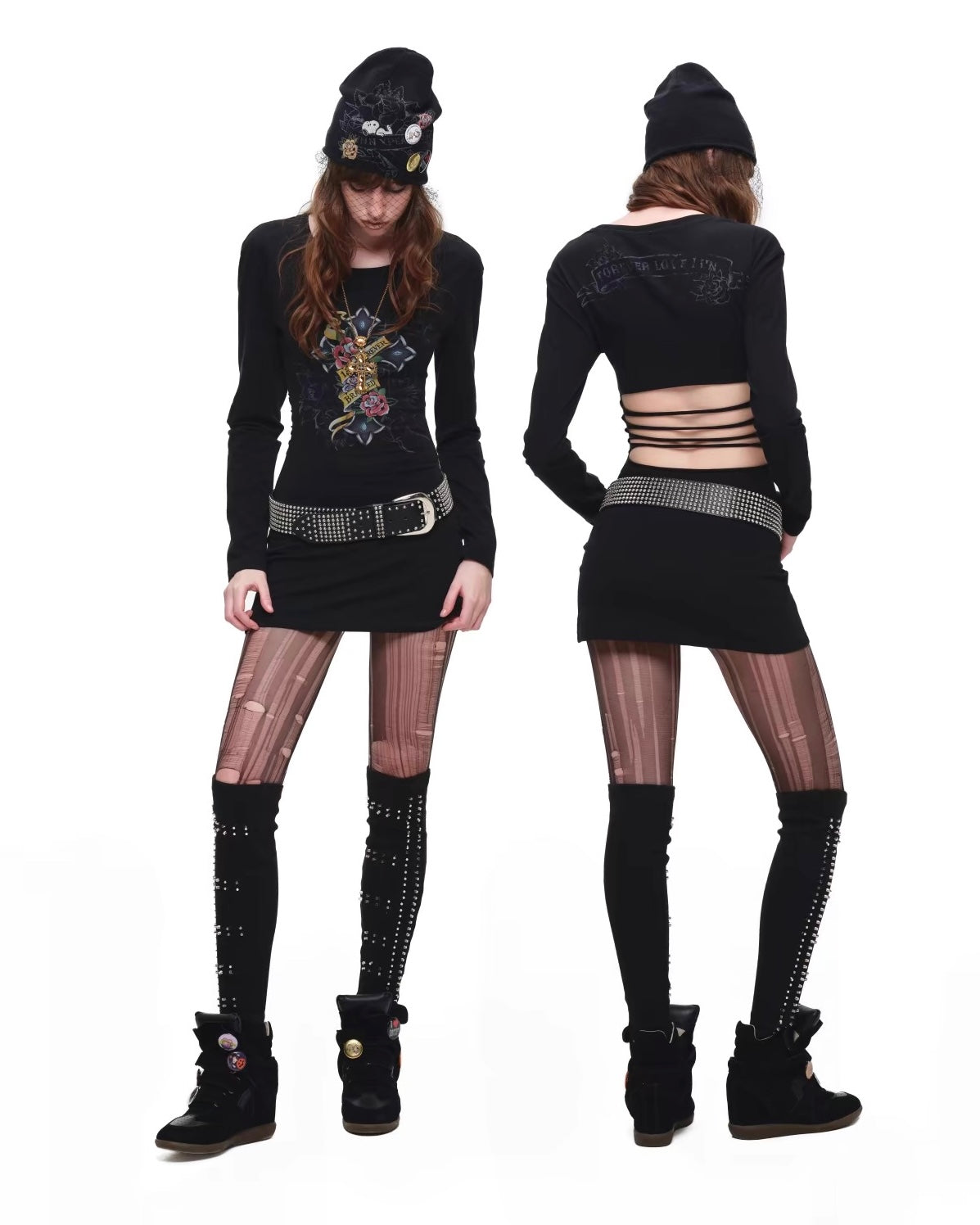 Tattoo-Print Lace-Up Back Top