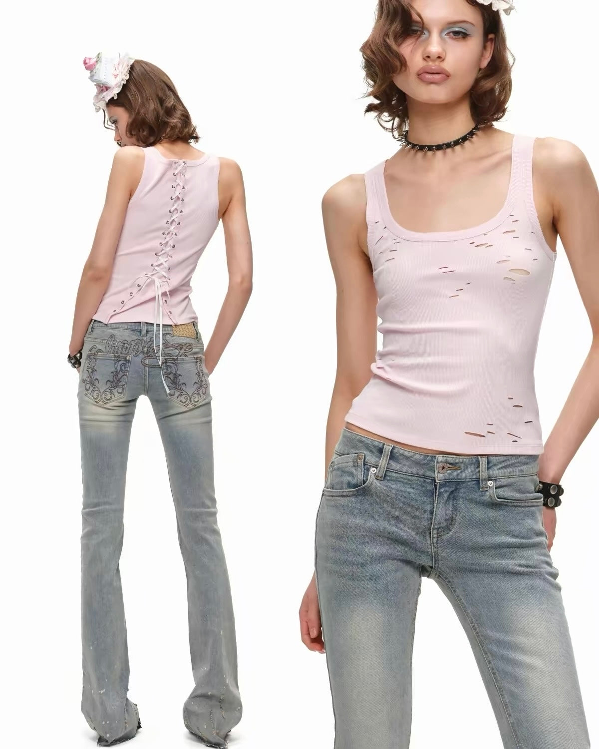 Distressed Lace-Up Tank Top