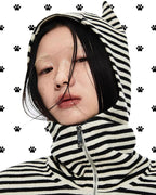 Striped "Horn" Hooded Zip-Up Cardigan