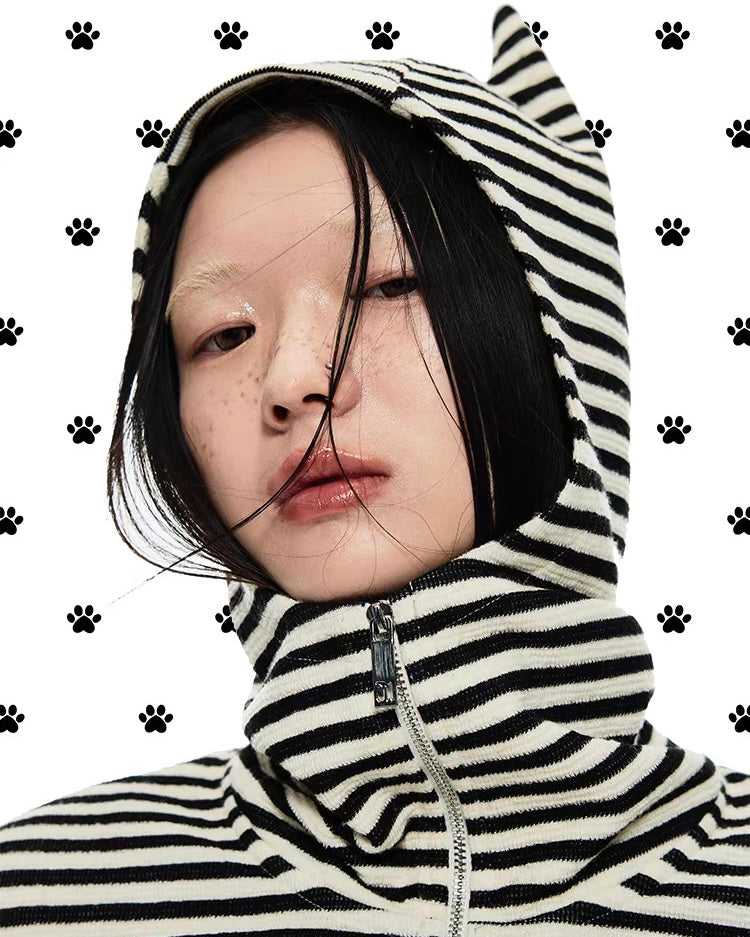 Striped "Horn" Hooded Zip-Up Cardigan