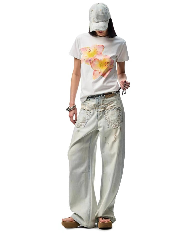 1JINN Print Wide-Leg Jeans
