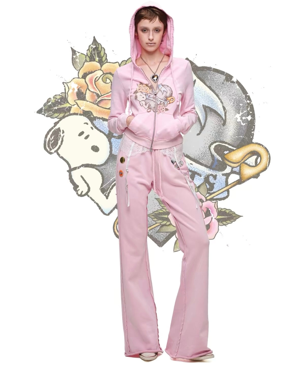 Snoopy Heart-Print Zip Hoodie & Flare Sweatpants Set