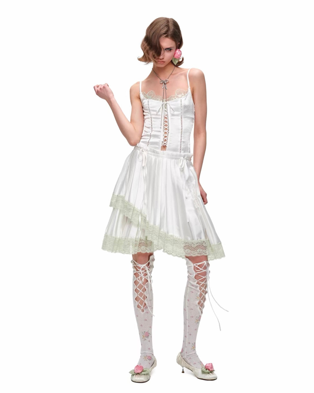 Porcelain Lace Pleated Midi Skirt