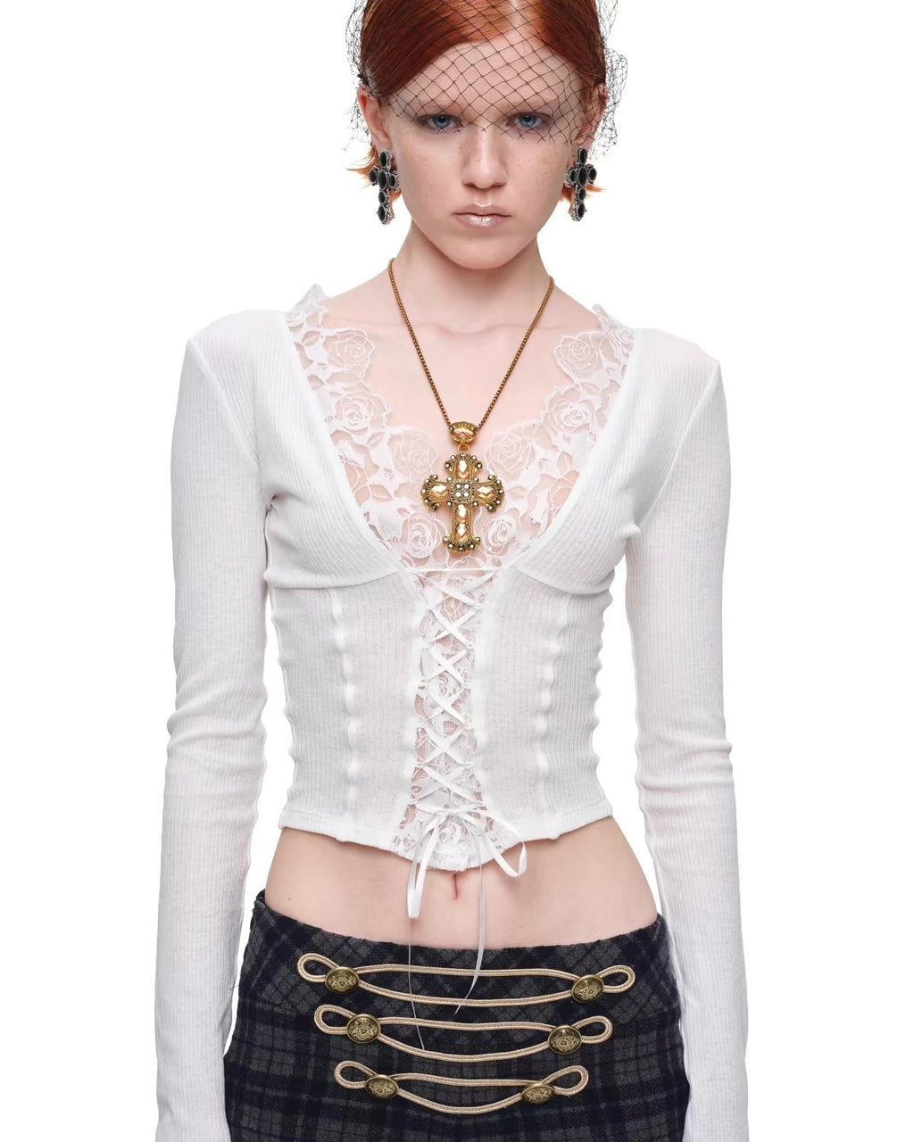 Lace-Trim Corset Knit Top