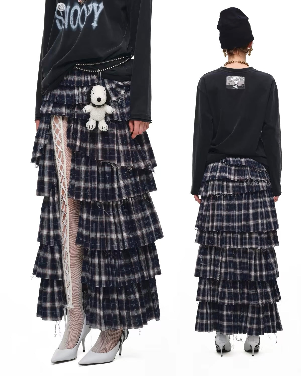 Deconstructed Plaid Tiered Maxi Skirt