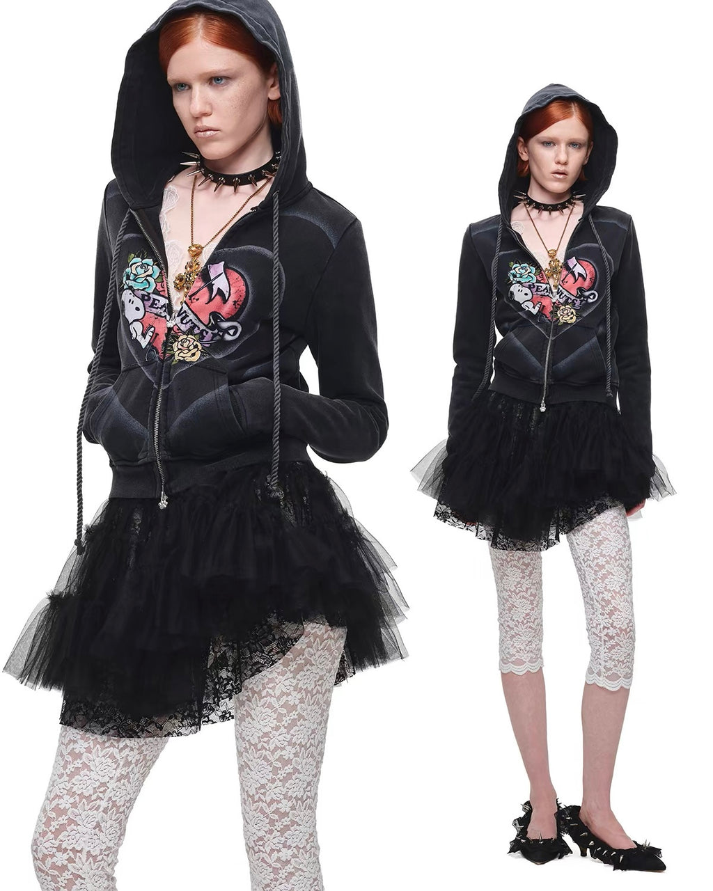 Snoopy Heart-Print Zip Hoodie & Flare Sweatpants Set