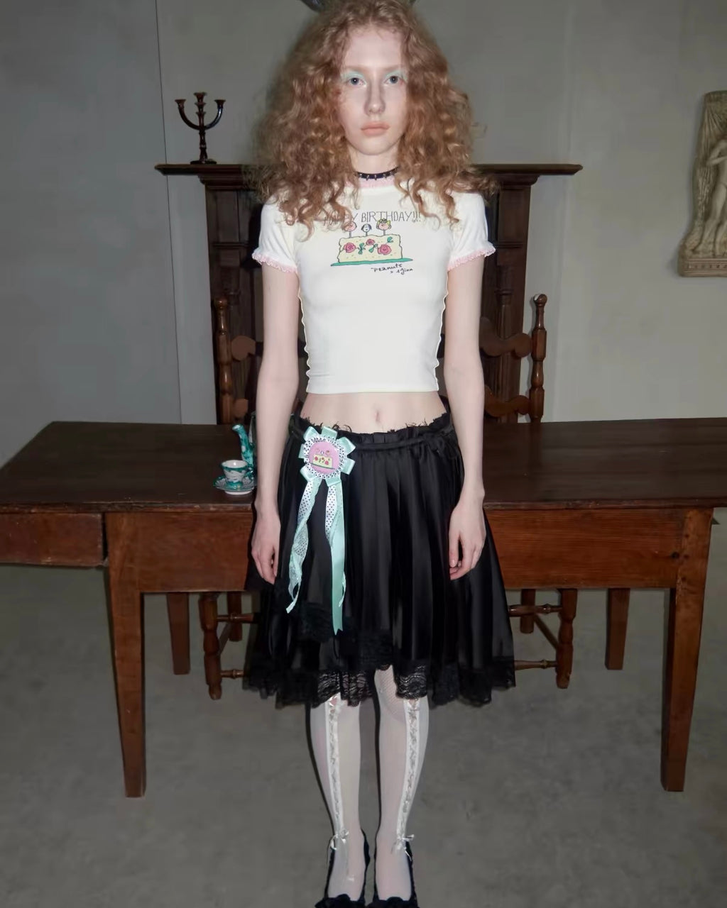 Porcelain Lace Pleated Midi Skirt