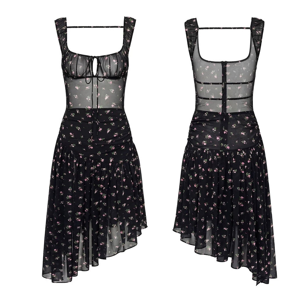 Dark Floral Open-Back Dress