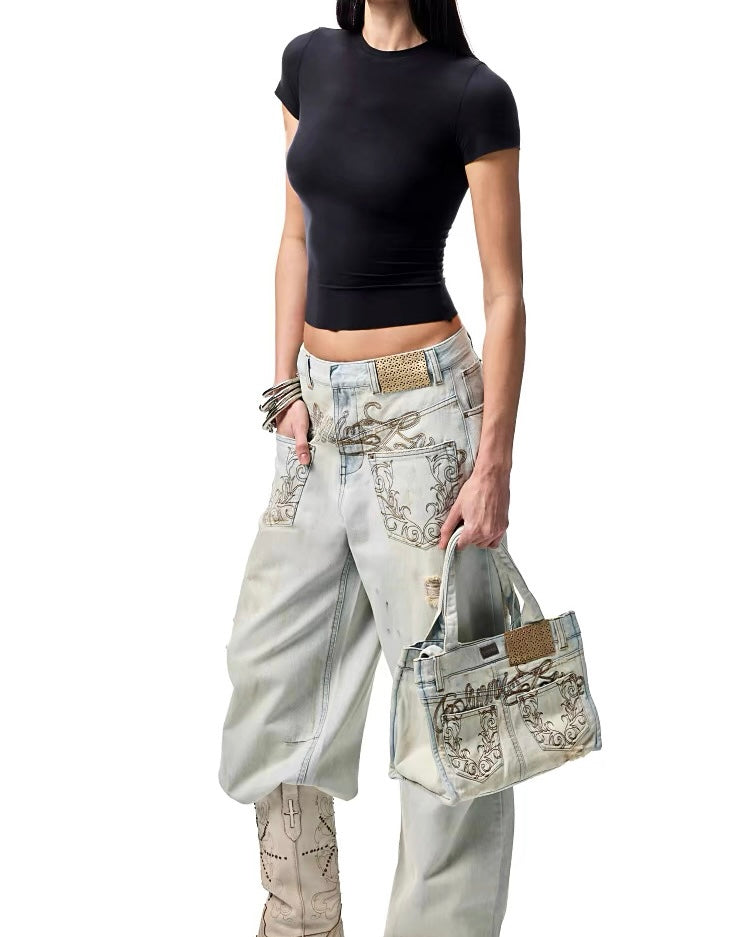 1JINN Print Wide-Leg Jeans