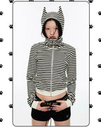 Striped "Horn" Hooded Zip-Up Cardigan