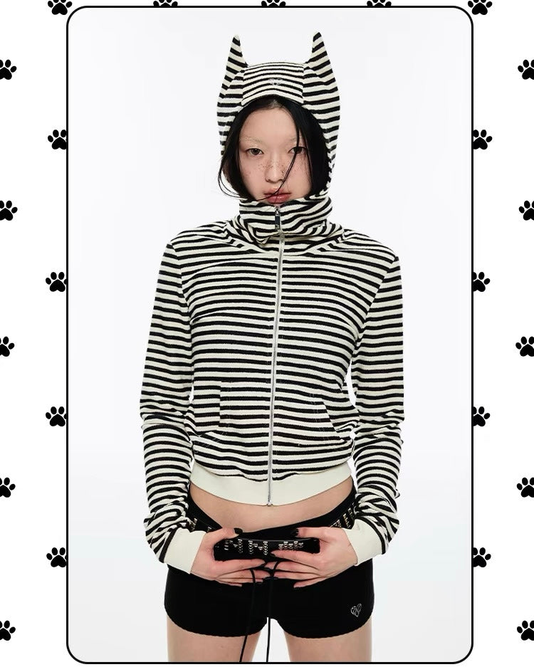 Striped "Horn" Hooded Zip-Up Cardigan