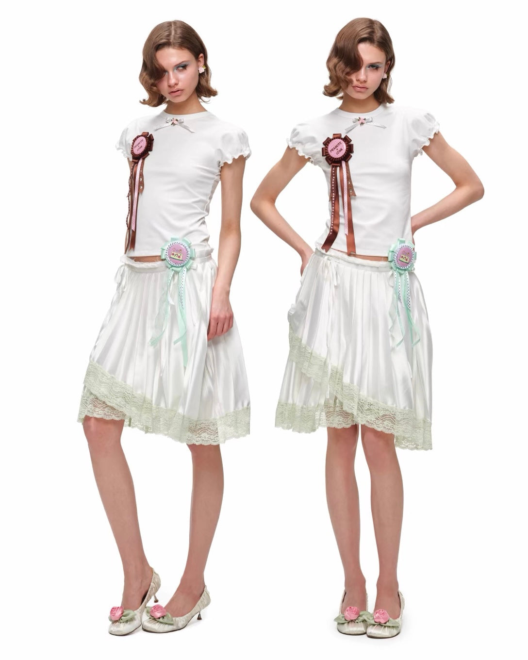 Porcelain Lace Pleated Midi Skirt