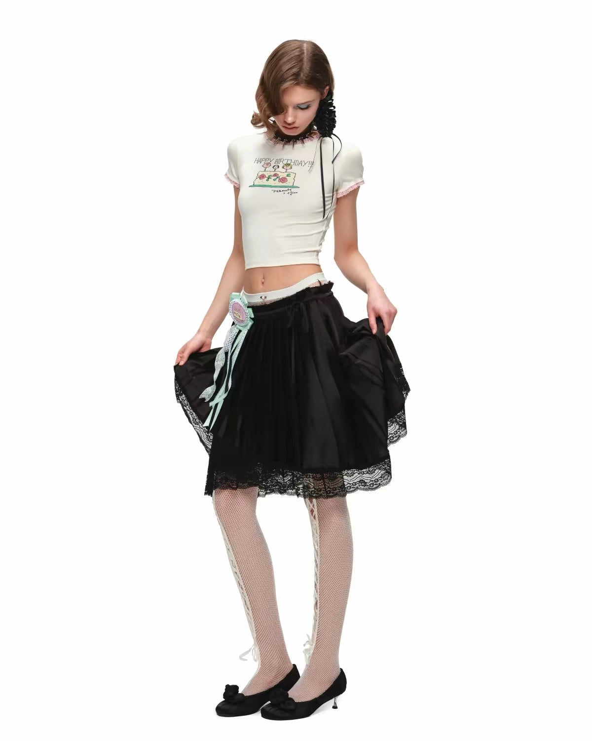 Porcelain Lace Pleated Midi Skirt