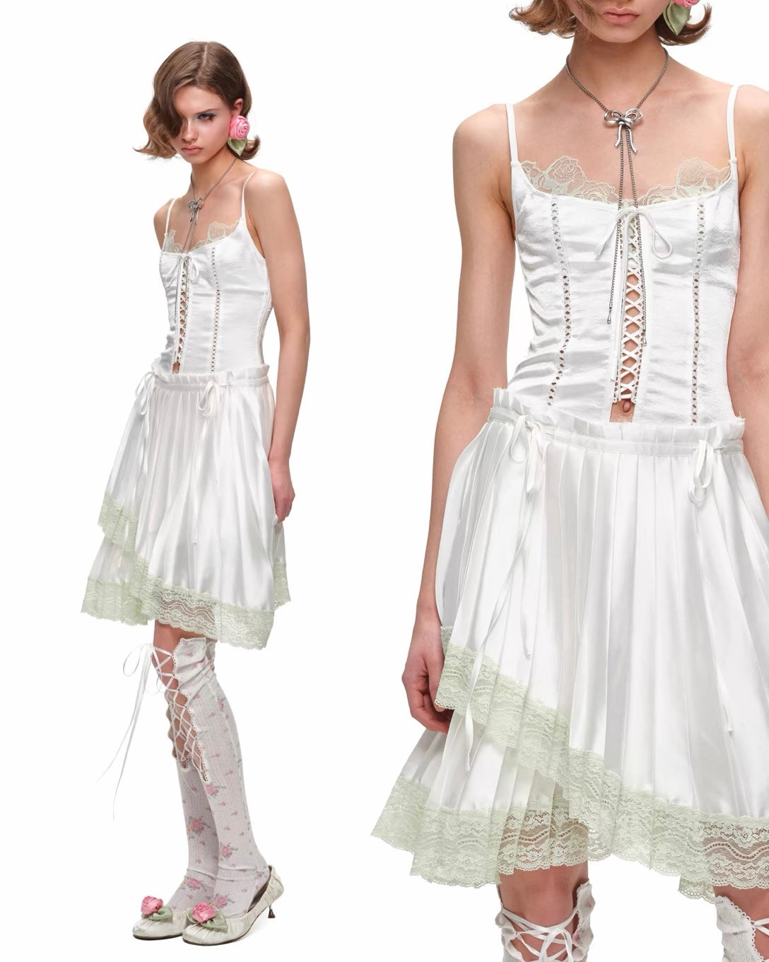 Porcelain Lace Pleated Midi Skirt