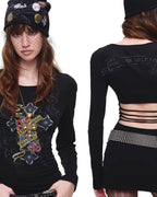 Tattoo-Print Lace-Up Back Top
