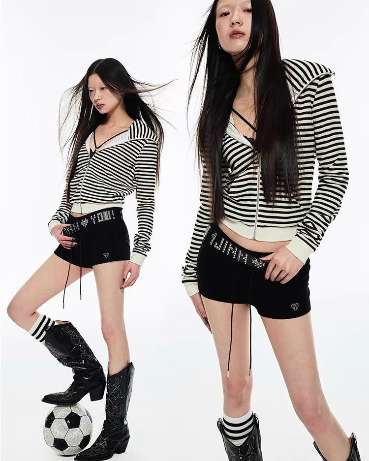 Striped "Horn" Hooded Zip-Up Cardigan