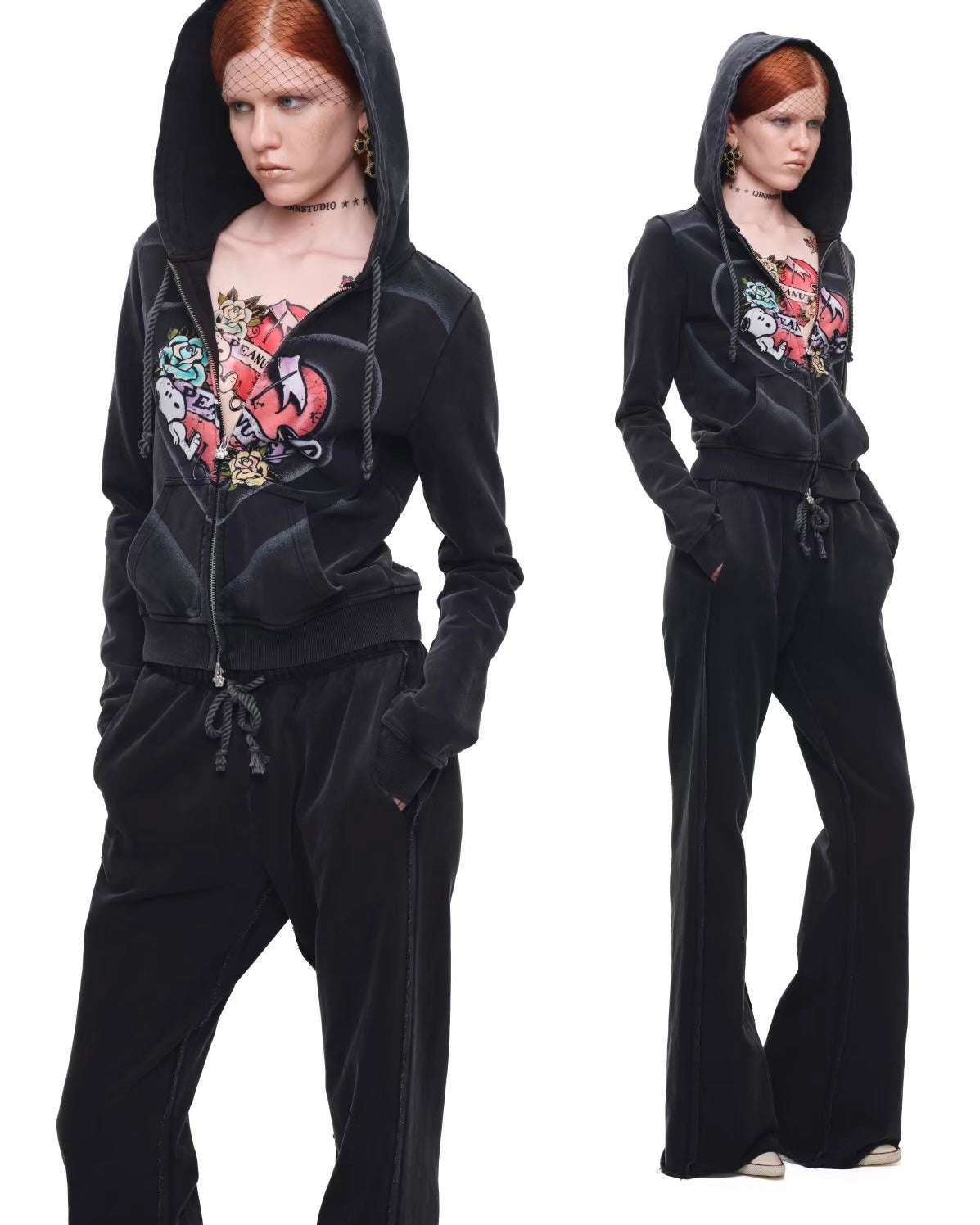 Snoopy Heart-Print Zip Hoodie & Flare Sweatpants Set