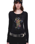 Tattoo-Print Lace-Up Back Top
