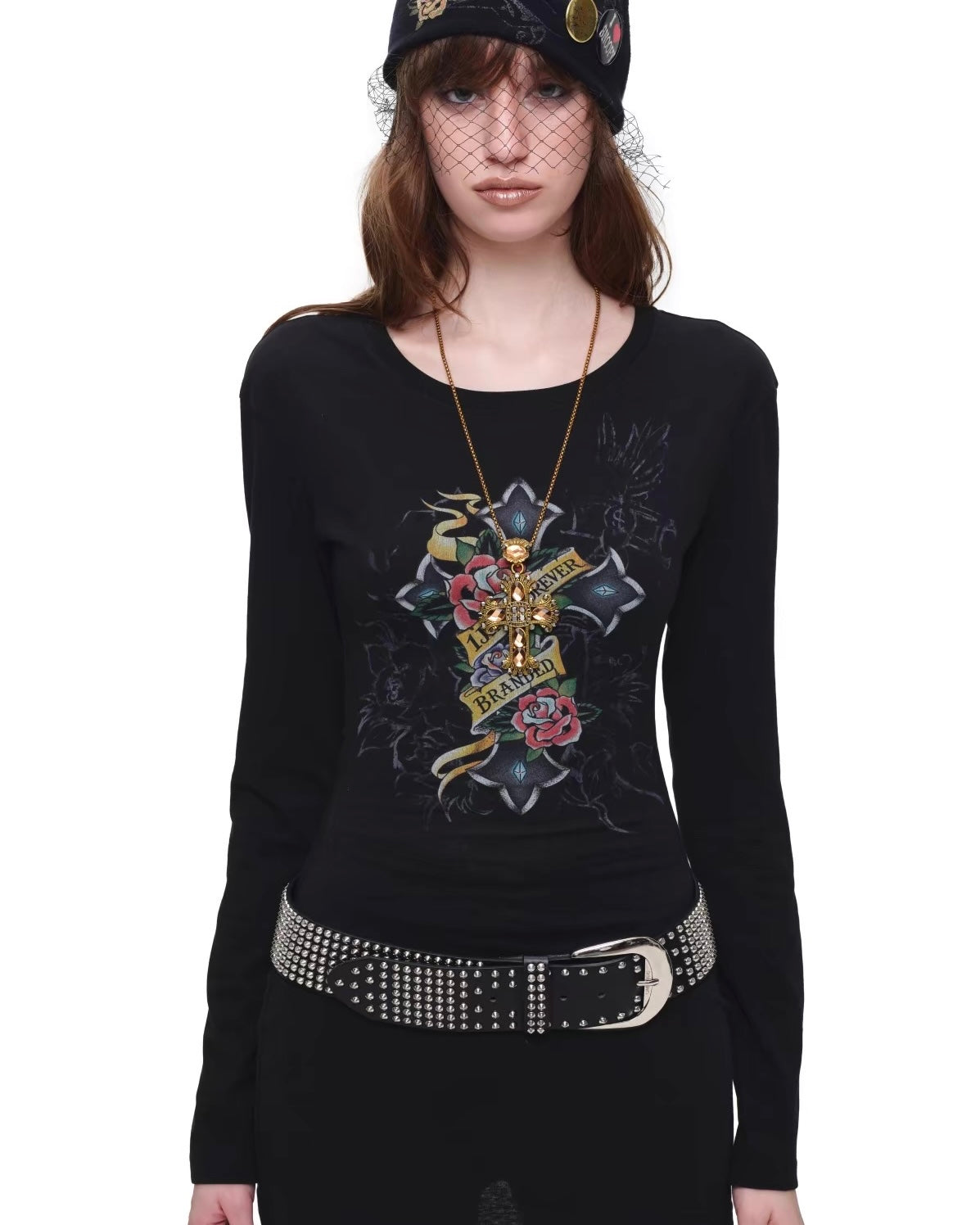 Tattoo-Print Lace-Up Back Top