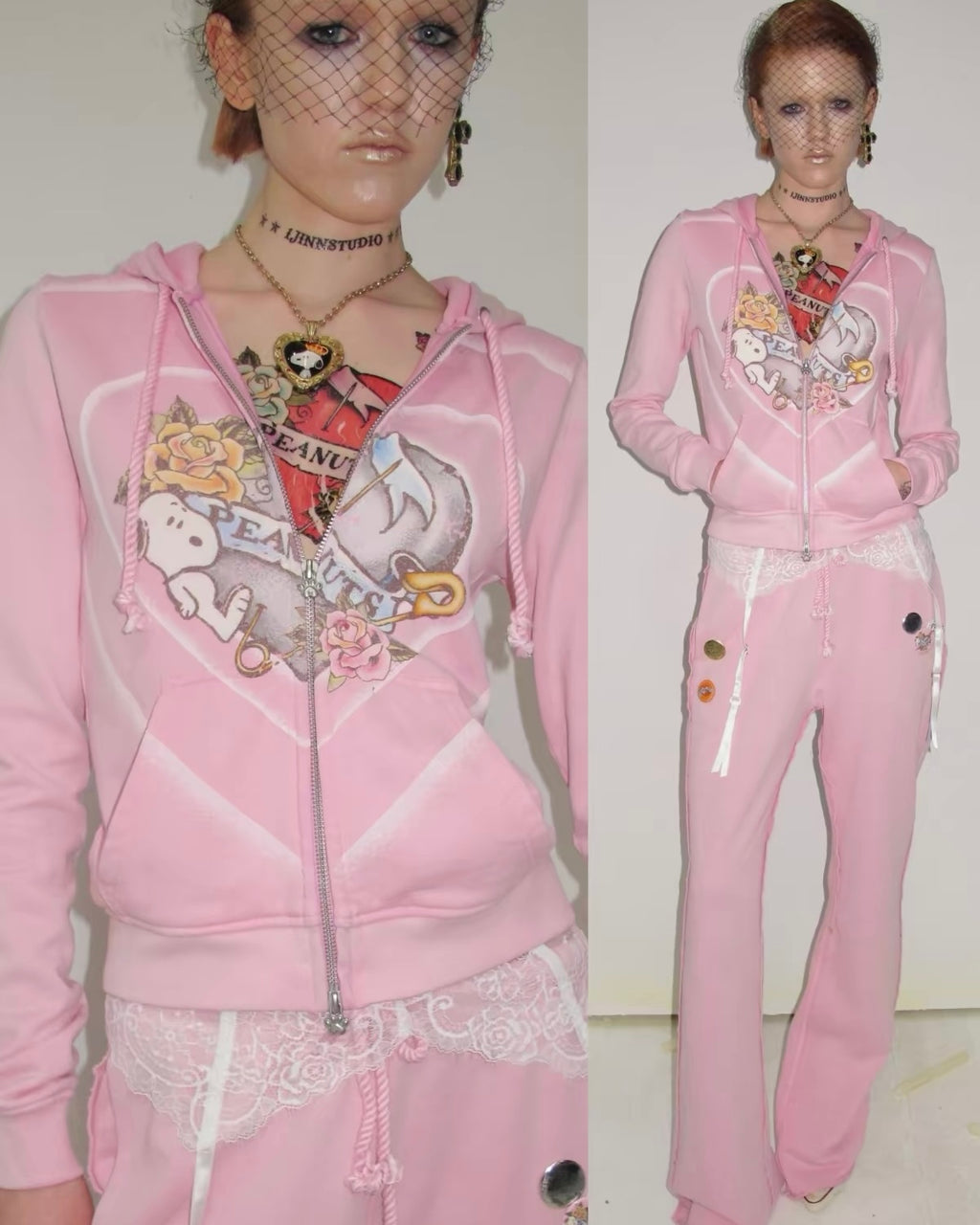 Snoopy Heart-Print Zip Hoodie & Flare Sweatpants Set