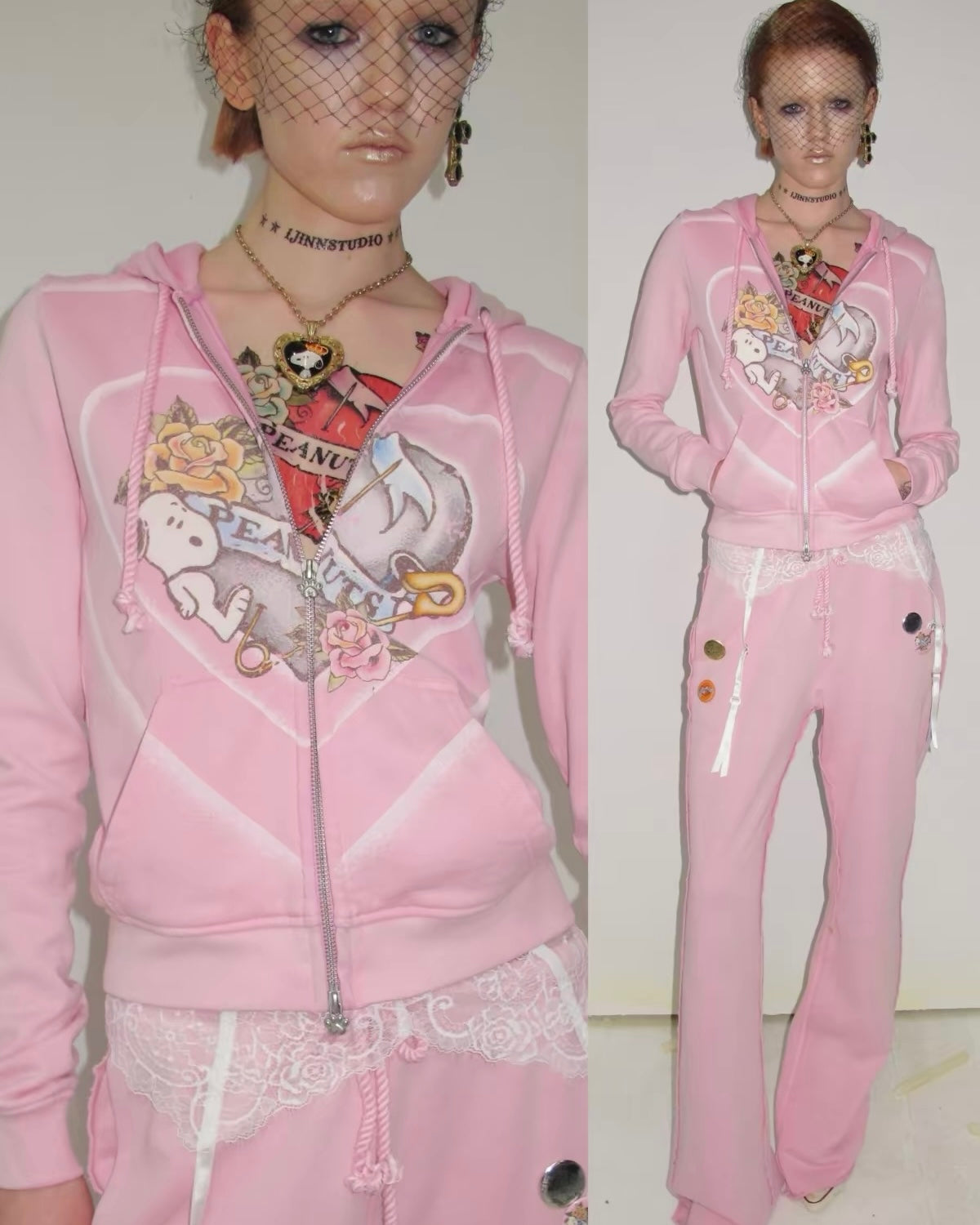 Snoopy Heart-Print Zip Hoodie & Flare Sweatpants Set