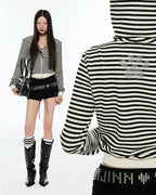 Striped "Horn" Hooded Zip-Up Cardigan