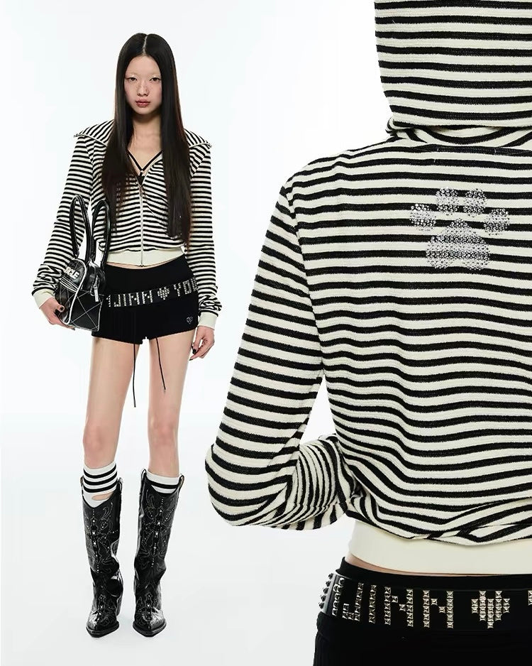 Striped "Horn" Hooded Zip-Up Cardigan