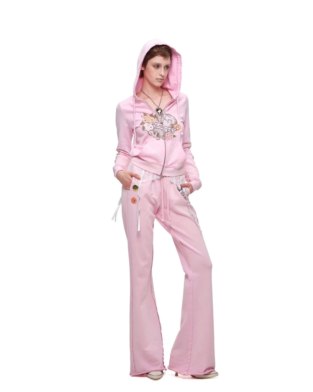 Snoopy Heart-Print Zip Hoodie & Flare Sweatpants Set