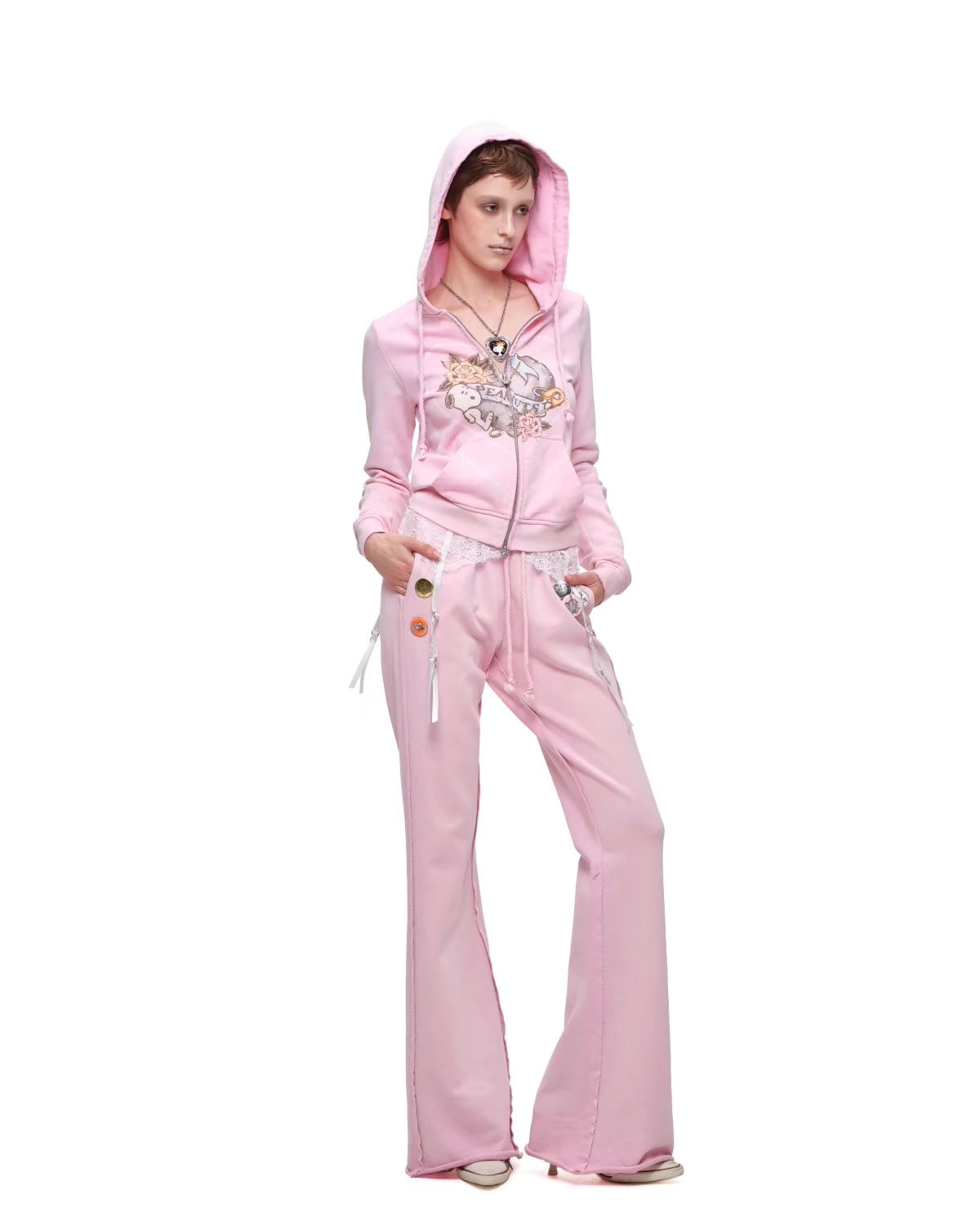 Snoopy Heart-Print Zip Hoodie & Flare Sweatpants Set