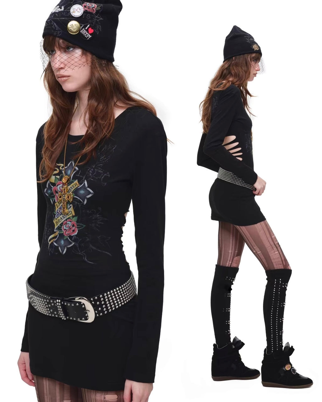 Tattoo-Print Lace-Up Back Top